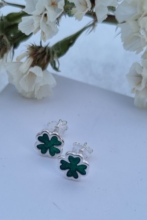 Firkløver ørepynt, sølv, grønn
