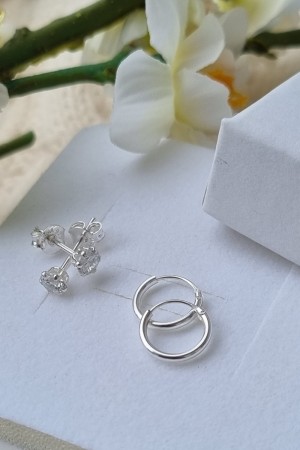 2 pk - sølv ørepynt 4mm m/zirconia + 10mm øreringer