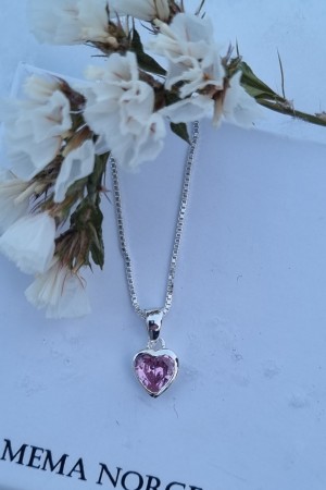 Sølv hjertesmykke, zirconia sten, rosa