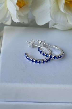 Sølv øreringer, 14mm, zirconer, blå (safir)