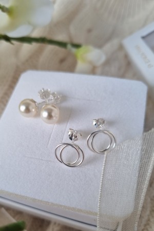 2 pk sølv ørepynt, dobbelsirkel, 10mm + 8mm perle