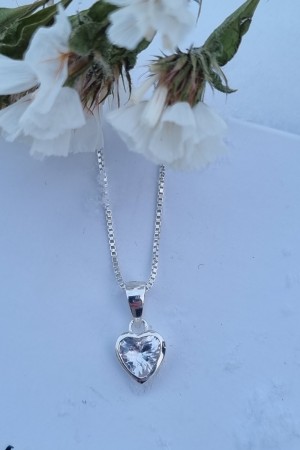 Sølv hjertesmykke, zirconia sten, blank