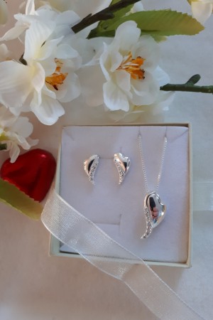 Sølv smykkesett, hjerter, anheng og ørepynt