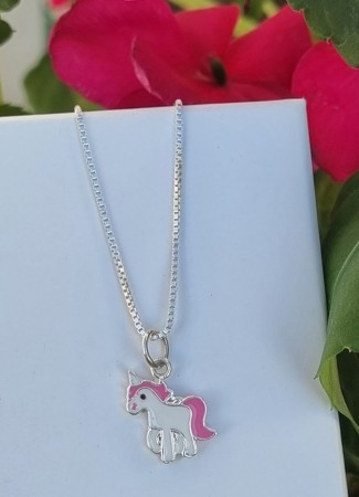 Unicorn/enhjørning, sølv anheng, rosa, få igjen