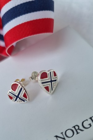 Sølv ørepynt, flagg, hjerte, m/emalje